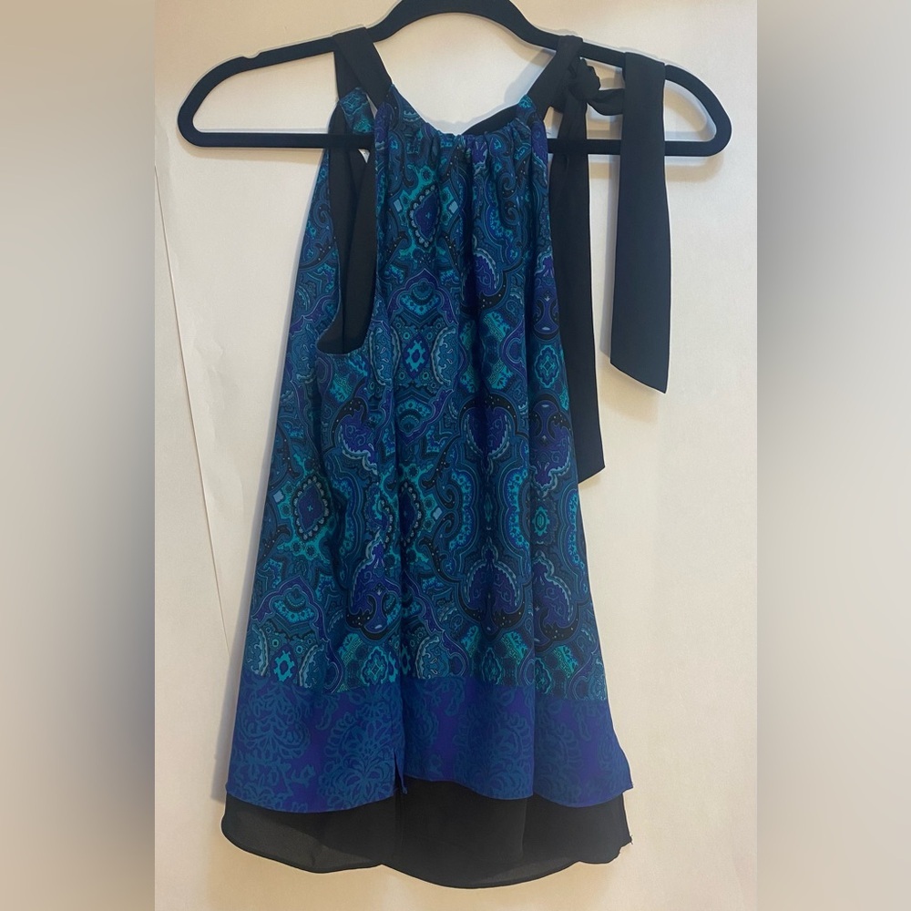 Tahari Womens Halter Top Blue Purple Paisley Bow Neck Layered Chiffon Blouse 0